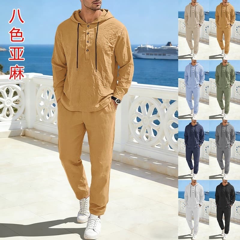 Men's Linen Solid Hooded Drawstring Long Sleeve Long Pants Set for Cross-Border Markets (Europe, America, TK, Amazon)