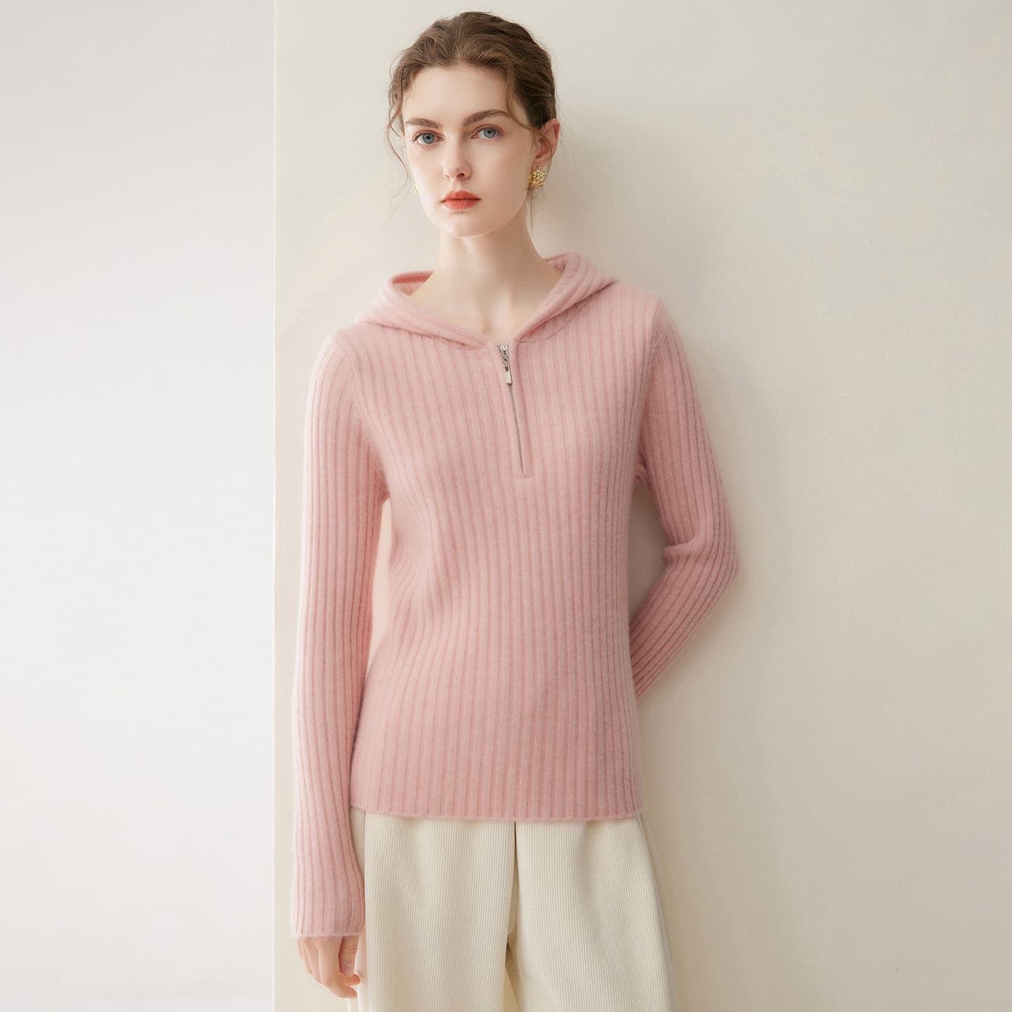 Cashmere Hoodie for Women 100% Pure Goat Cashmere New Autumn/Winter Casual Versatile Zip-Up Hooded Knit Warm Sweater