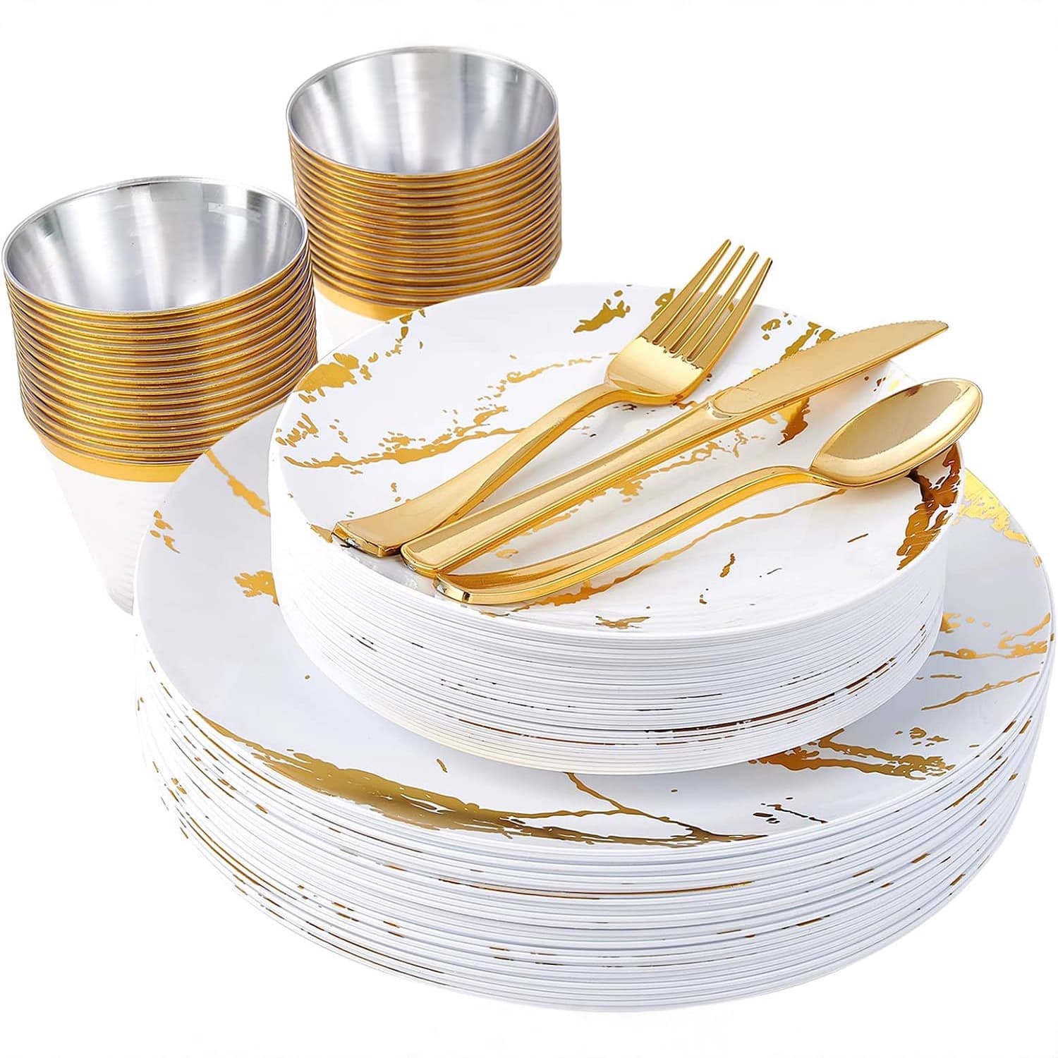Hard plastic disposable tableware white marble plate black background gold plate white gold edge plate Amazon tableware