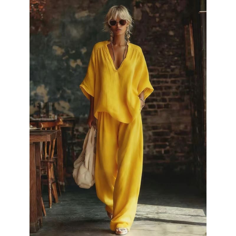 2026 European and American cross-border women's fashion casual solid color V-neck loose short-sleeved casual trousers two-piece suit women's clothing