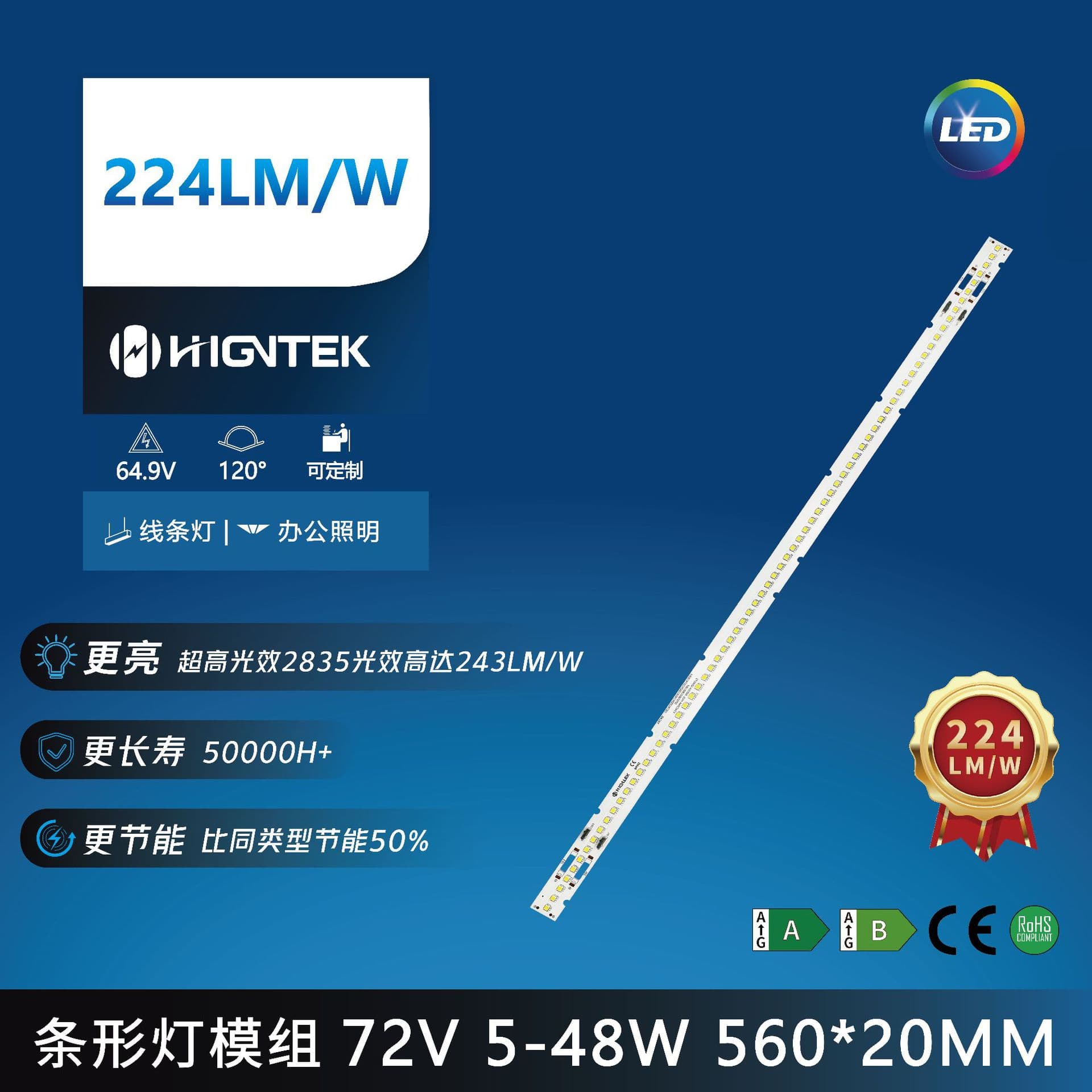Ultra-high luminous efficiency LED hard light strip 224LM/W suitable for office lighting, 64.9V 9.09W long strip light replacement source