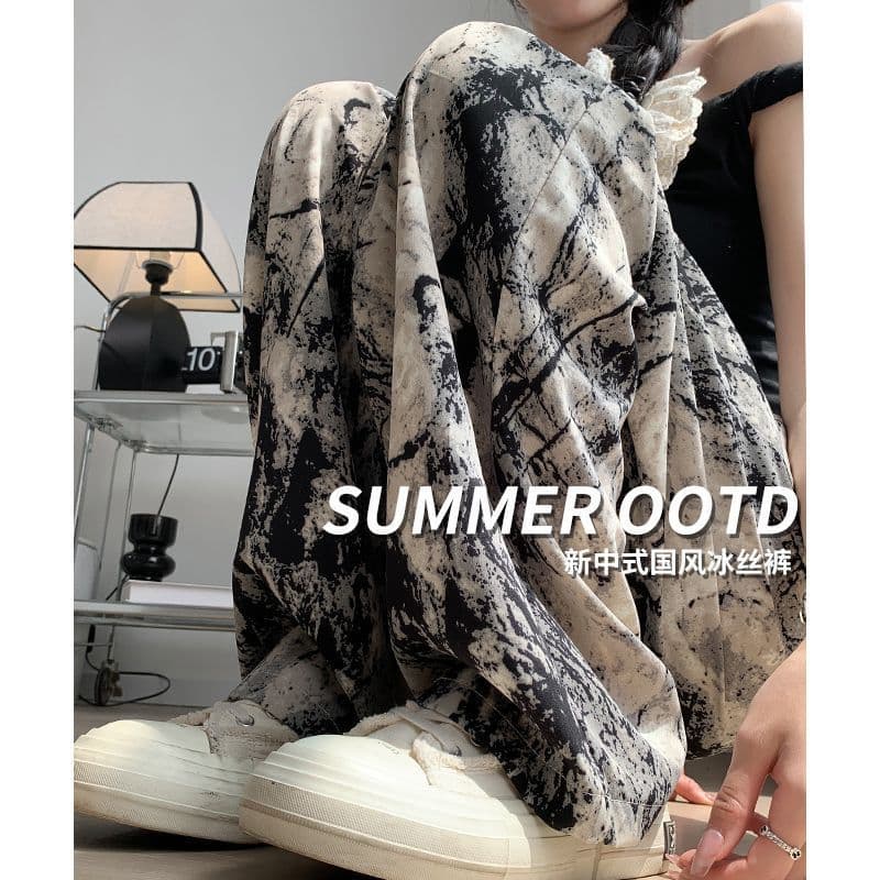[In Stock, Original Method] Ink Wash National Style Pants for Women, Summer Thin New Chinese High-Waist Ice Silk Wide-Leg