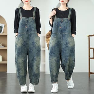 New Style Real Shot Casual Denim Jacquard Patchwork Overalls for Women