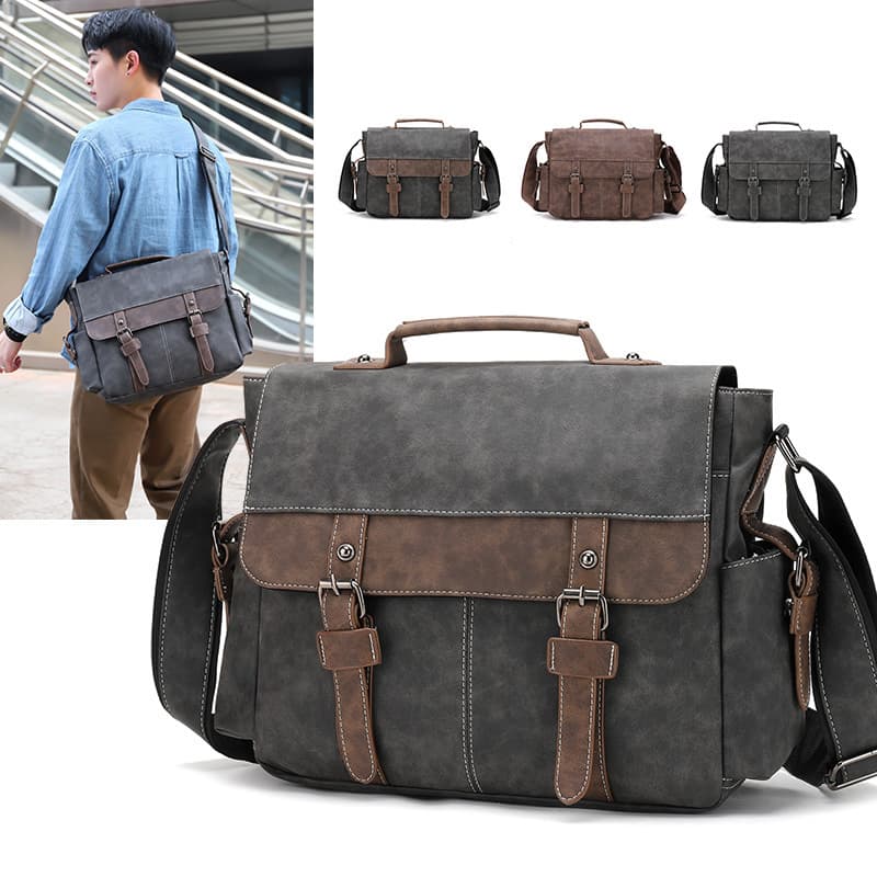 Vintage Pu Leather Postman Bag Casual Trendy Men's Handbag Single Shoulder Crossbody Bag Multifunctional Business