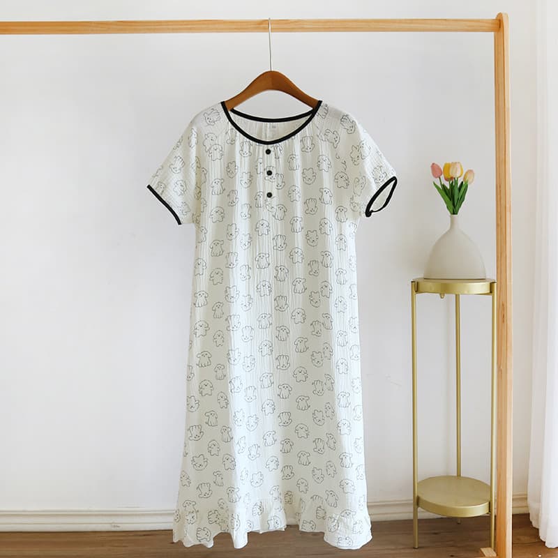 Women's Summer Cotton Short Sleeve Pajama Dress Cute Cartoon Sleep Dress