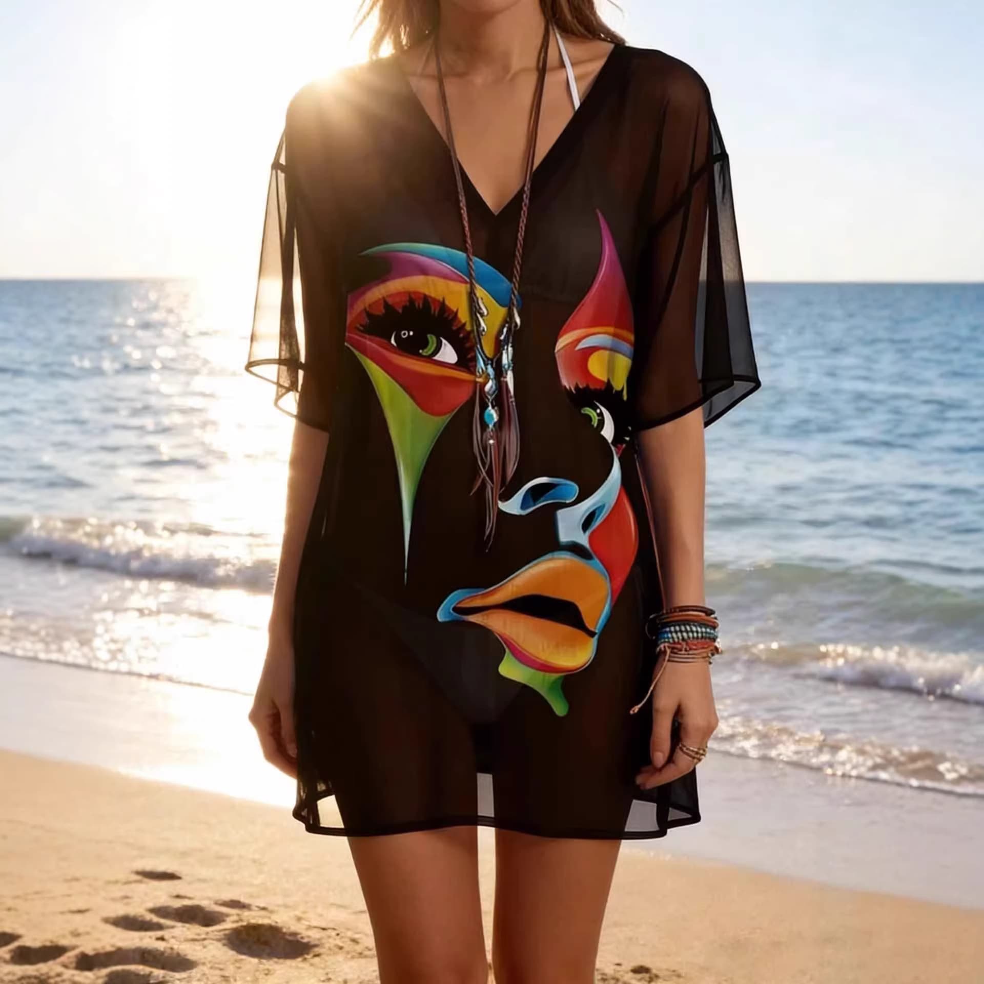 Printed Loose V-Neck Sheer Black Cover Up · Vacation Women · Beach Seaside Hot Girl · Beach Photo Cover Up