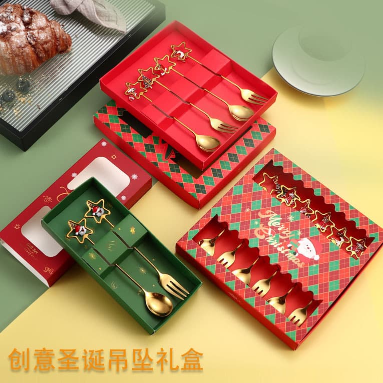 Cross-border Christmas Tableware Pendant Dessert Spoon Star Fruit Fork Coffee Stirring Spoon Christmas Spoon Set Gift Box