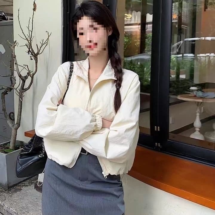 Women's Stand Collar Sun Protection Jacket 2026 Summer New Loose Drawstring Short Casual Cardigan Zipper Jacket Top