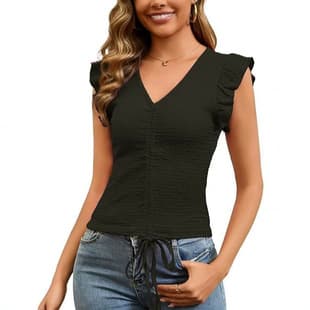 European American Amazon AliExpress Cross-Border Tree Bark Crepe Drawstring V-Neck Crop Top Summer Solid Color Short Sleeve T-Shirt