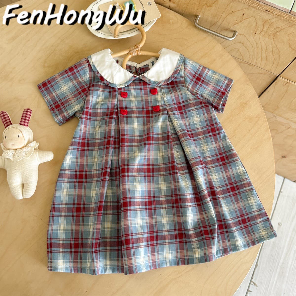 【Pink House】New Summer School Style Plaid Dress for Girls, Comfortable Casual Short Sleeve Fashionable Princess Dress
