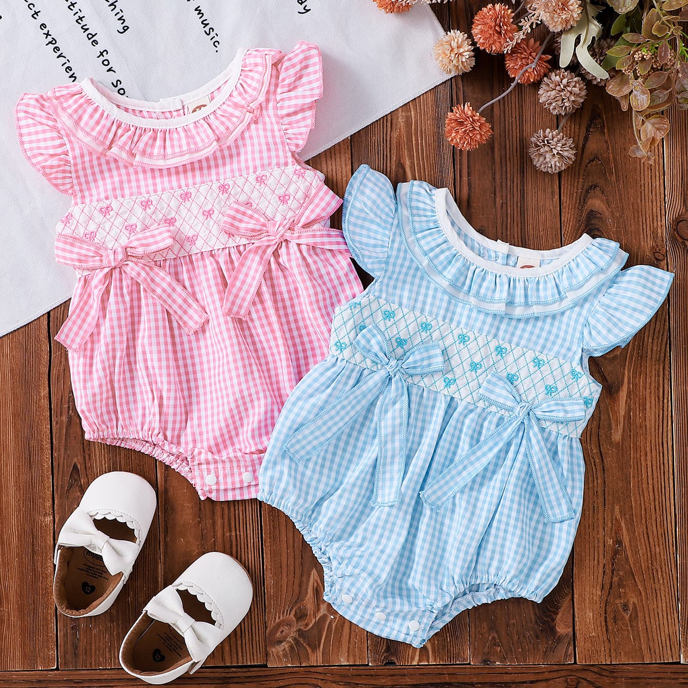 Cross-border Baby Triangle Bodysuit Summer Style for Girls with Bow Embroidery Plaid Small Flutter Sleeve Baby Romper