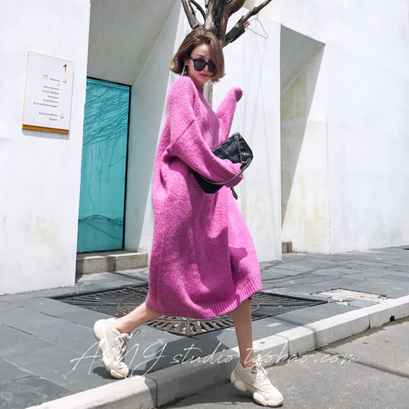 Korean Style Oversized Extra Long Round Neck Pullover Thick Loose Knit Plus Size Women's Dress