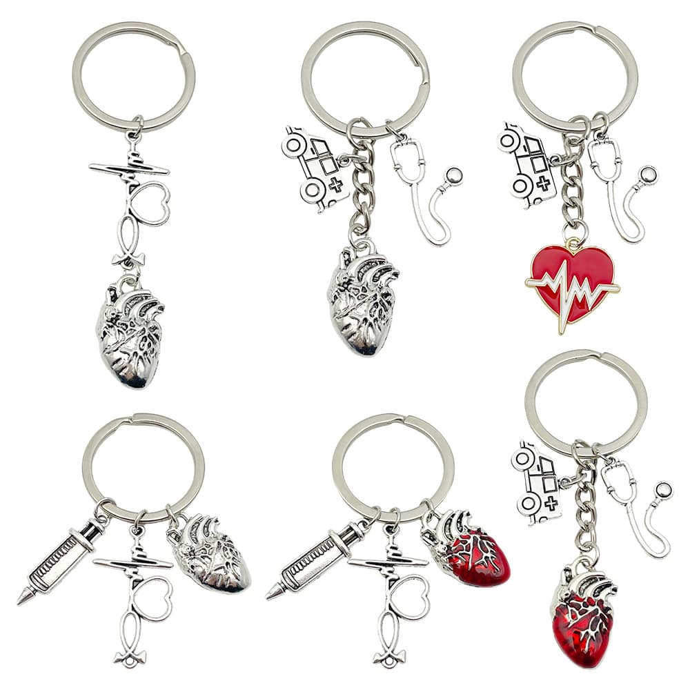 Creative Vintage Silver Medical Series Syringe Stethoscope Heart Ambulance ECG Zinc Alloy Keychain Pendant