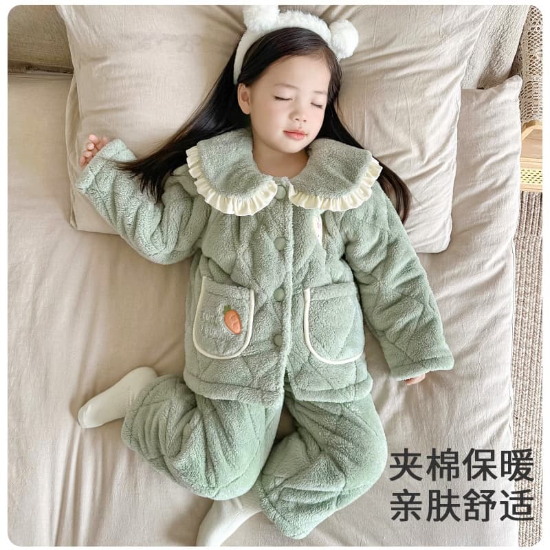 Genuine Source Factory Autumn Winter Fleece Thickened 3-Layer Quilted Coral Fleece Pajamas for Girls Boys Children Homewear
