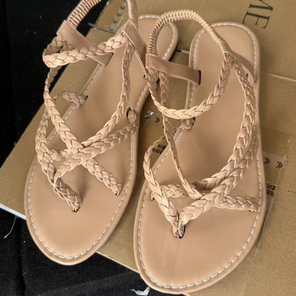 Foreign trade thong casual flat sandals for women 2026 new braided slip-on Roman beach shoes large size 43Sandal