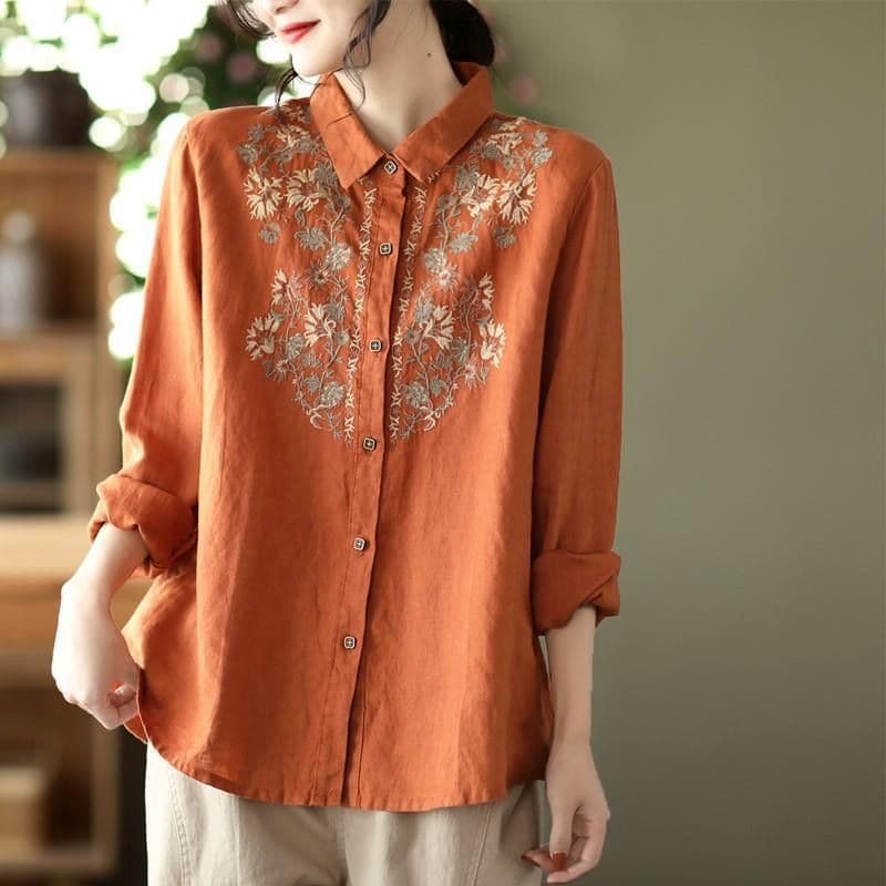 Vintage Bohemian Ethnic Style Embroidered Collar Cotton Linen Shirt 2025 Spring Autumn Loose Fit Long Sleeve Top