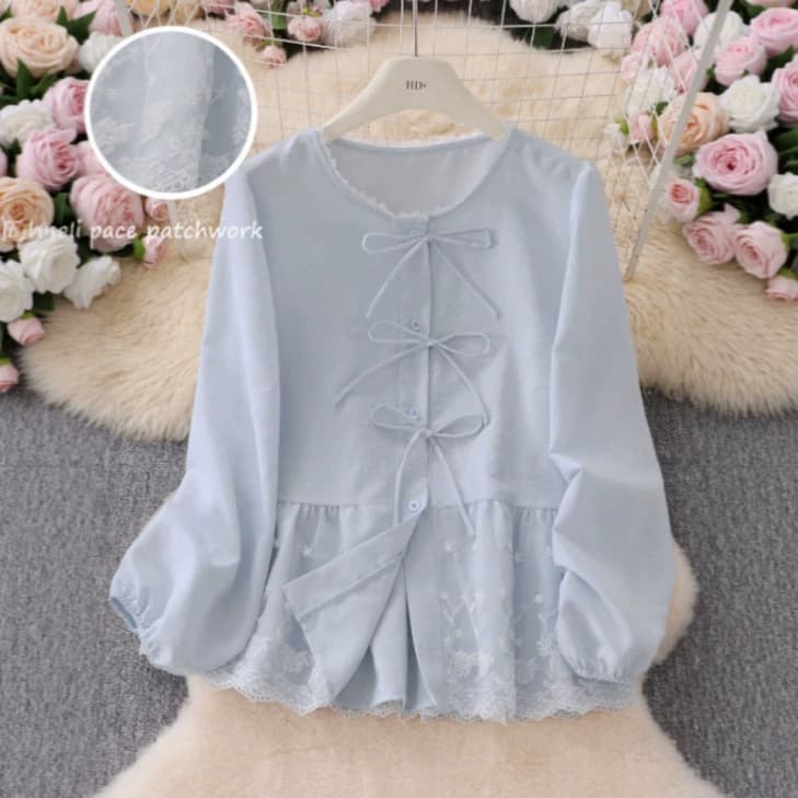 European and American women's fresh lace French bow round neck waist shirt loose lantern sleeve top overseas warehouse