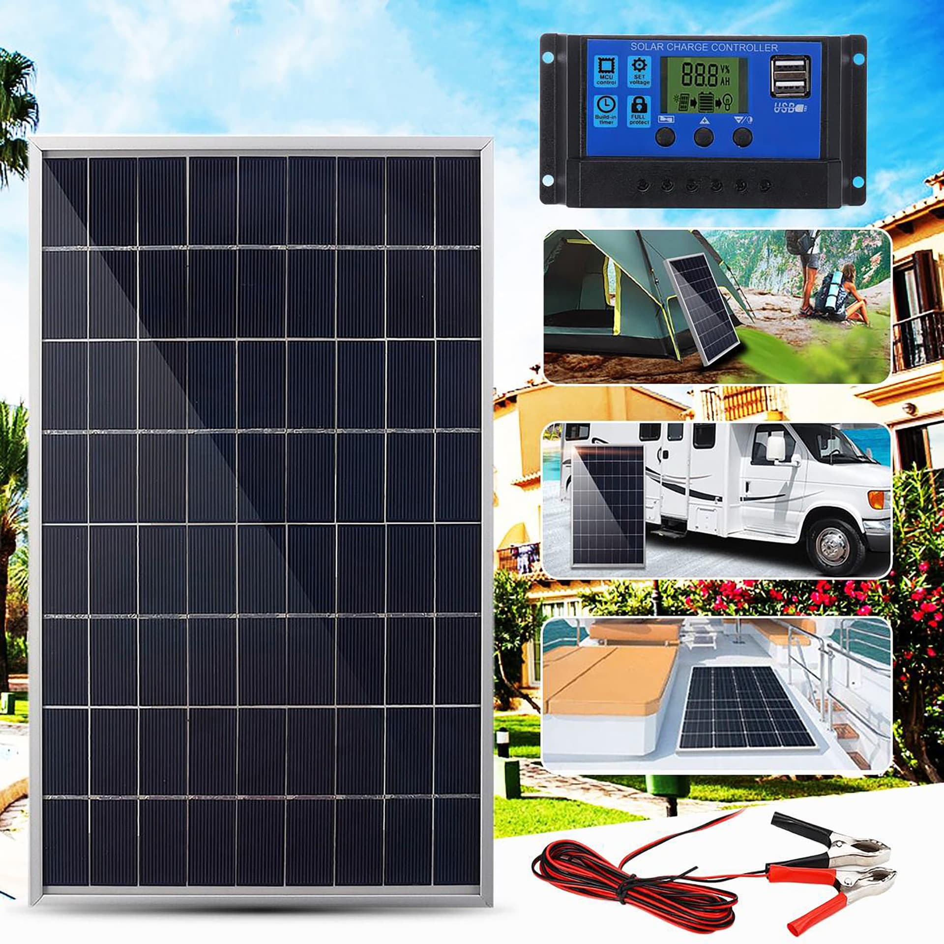 Cross-border Exclusive Monocrystalline 10W Framed Solar Panel with 3m Clip Cable, 12V/18V Controller Photovoltaic Panel Kit