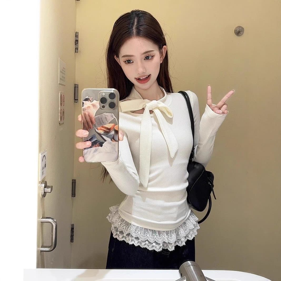 Sweet Style Beautiful Versatile T-Shirt for Women Spring Autumn Niche Design Bow Tie Hollow Slim Fit Base Top Trendy