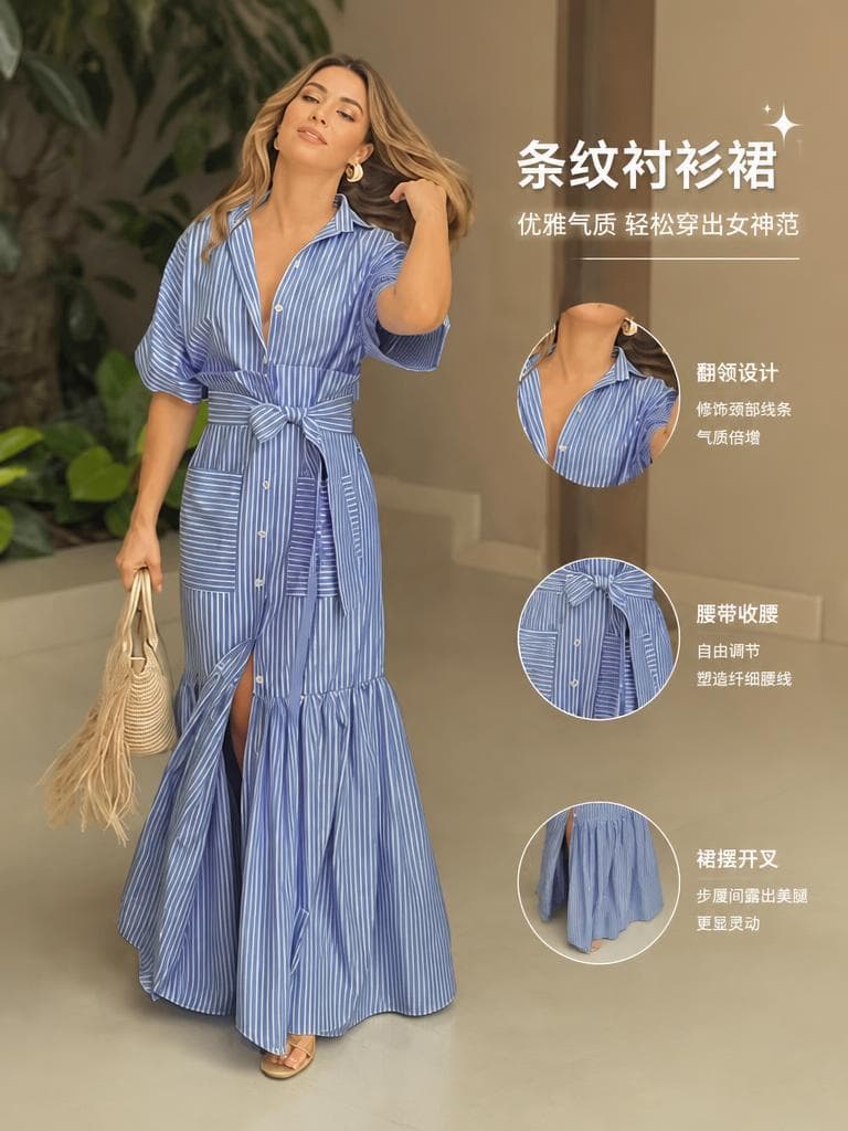 In Stock EU/US Cross-border Independent Site Amazon Fashion Blue and White Striped Tie-up Long Dress