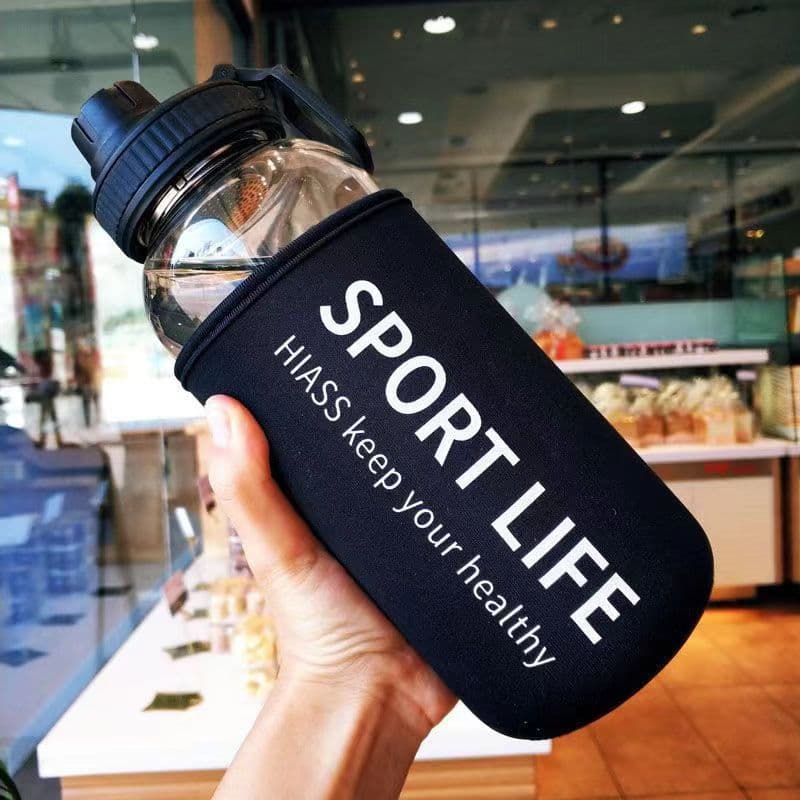 Manufacturer large capacity outdoor sports glass water cup high borosilicate glass letter cup with cup sleeve hand warmer glass water bottle