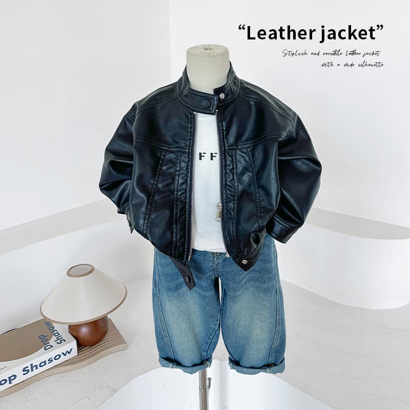 Valley of the Wind 2024 Autumn New Children's Clothing Retro Versatile Stand Collar Jacket Boys and Girls' Handsome Leather Jacket