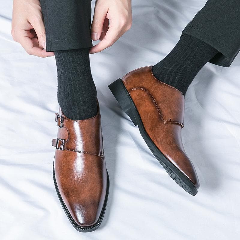 Cross-Border Large Size New Style Leather Shoes, Fashionable Buckle Casual Leather Shoes, Men's Business Formal Shoes, Pointed Toe Wedding Shoes