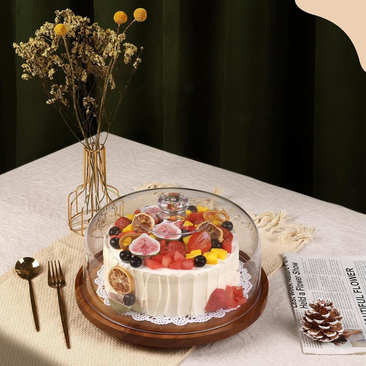 Ready stock wooden cake tray rotatable birthday party dessert snack display plate decorative dessert stand with lid