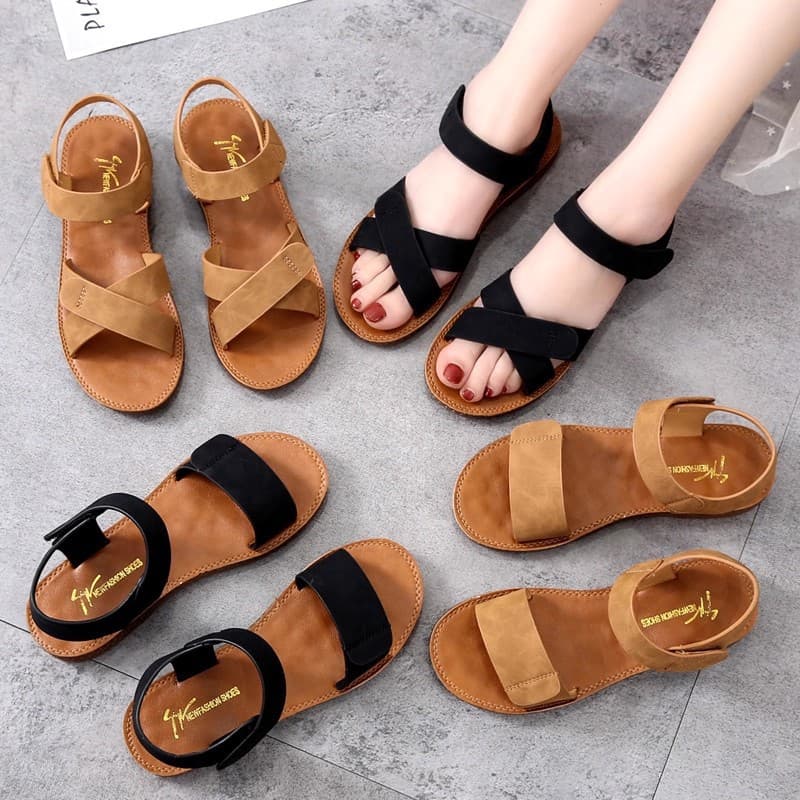 Cowhide Soft Sole Velcro Korean Style Sandals 2026 Summer New Arrival Comfortable Casual Beach Shoes Flat Women's Shoes