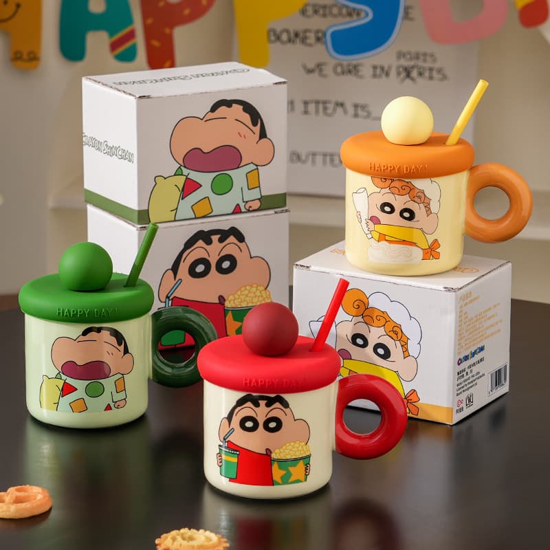 Crayon Shin-chan Mug with Color Box Packaging, Outdoor Silicone Lid Ceramic Cup, Cartoon Cup New Product, Water Cup Cartoon Straw Cup