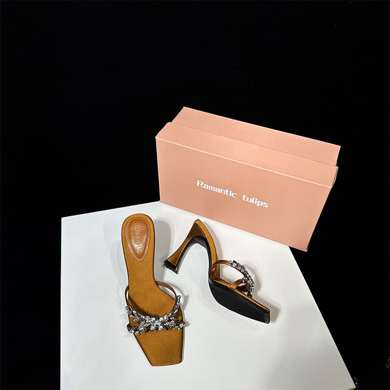 Sexy Square Head Open Toe Cross Diamond High Heels Sandals One Strap Silk Footwear Casual Rubber Outsole Pig Skin Lined
