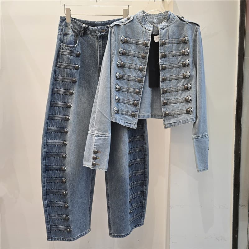 French Court Style Denim Two-Piece Set, Heavy-Duty Metal Button Short Jacket with Side Button Wide-Leg Long Pants Fashion Set