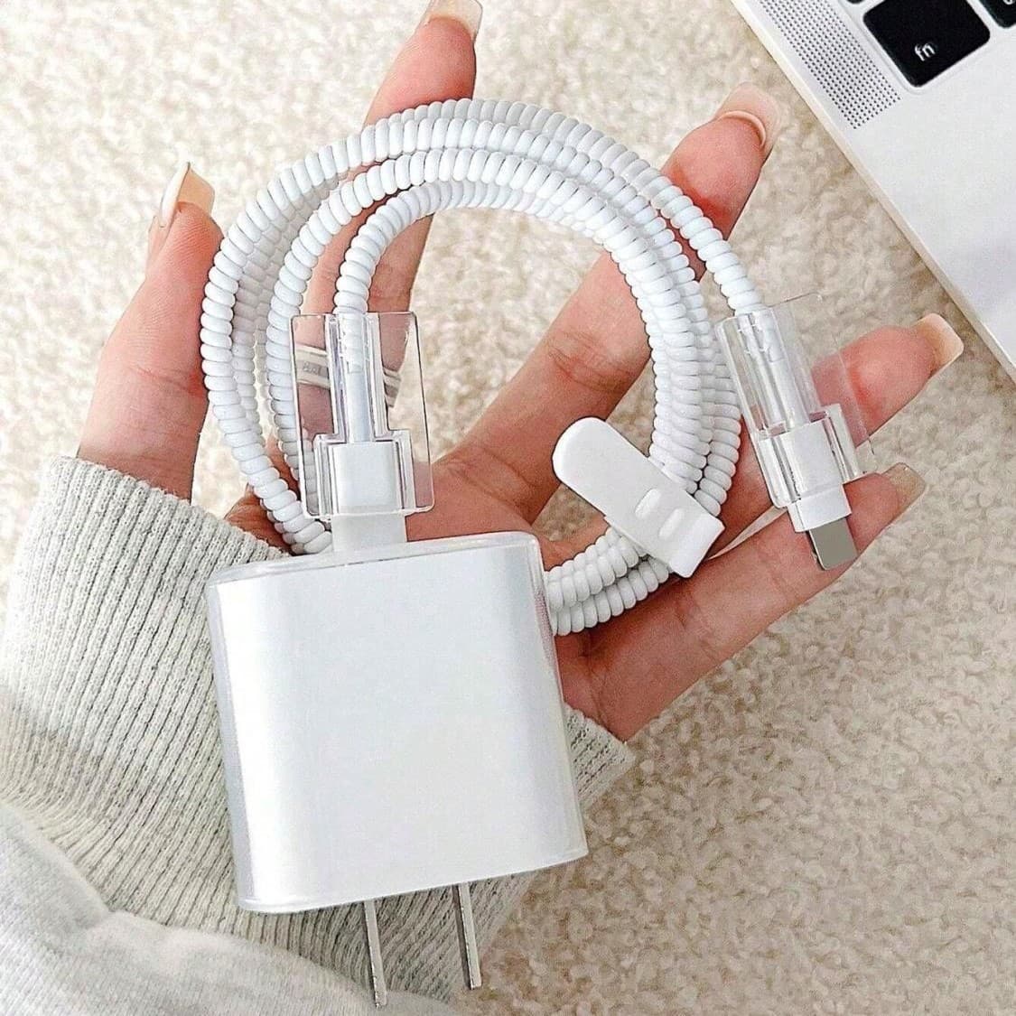 Compatible with Apple charger protective case, 20W charging head cover, data cable protection, charging cable gripper to prevent breakage.