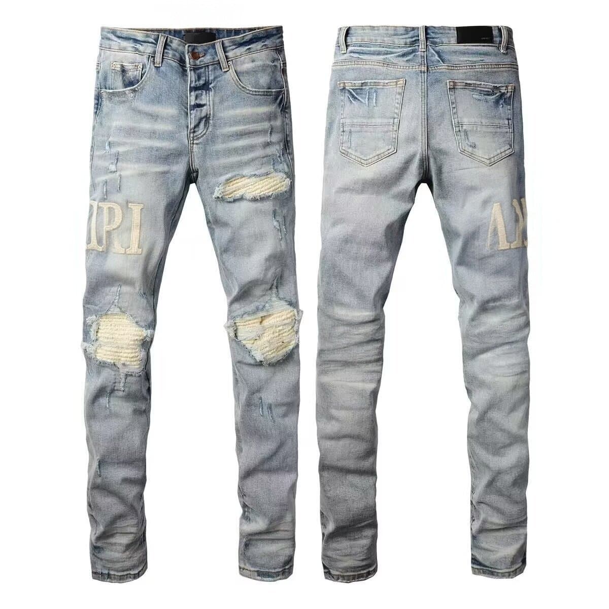 AM Fashion Casual Patch Slim Fit Trendy Skinny Jeans New Style Ripped Patchwork Embroidery Jeans for Men