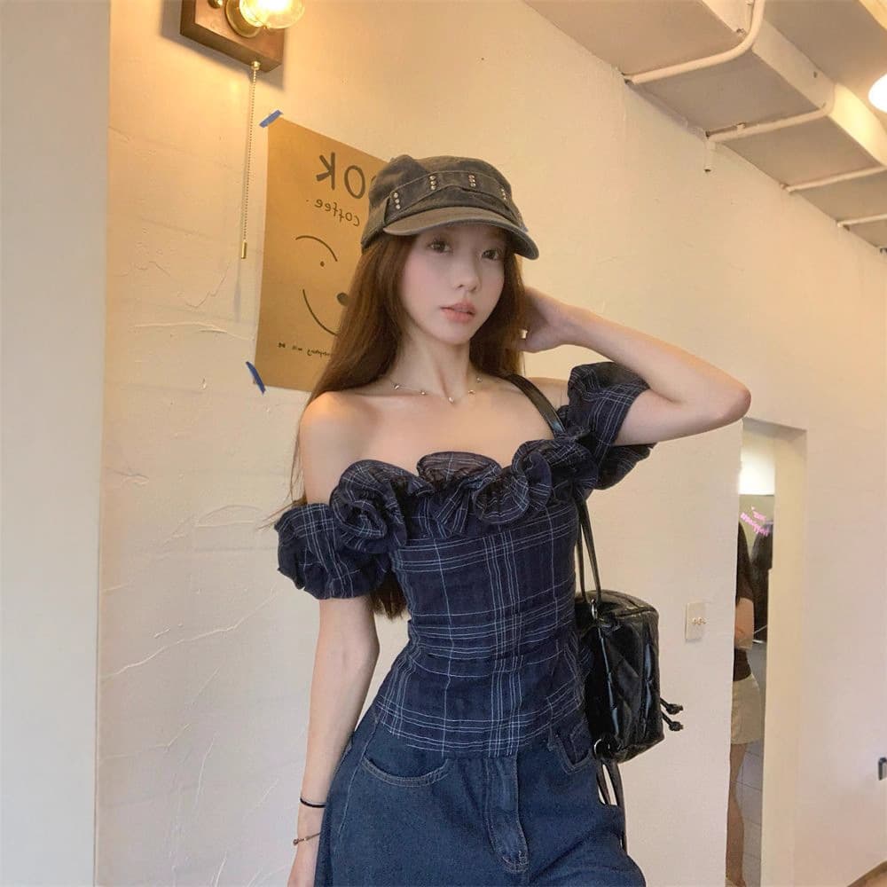 French Vintage Ruffle Off-Shoulder T-Shirt for Women Summer Irregular Fitted Waist Short Off-Shoulder Plaid Top