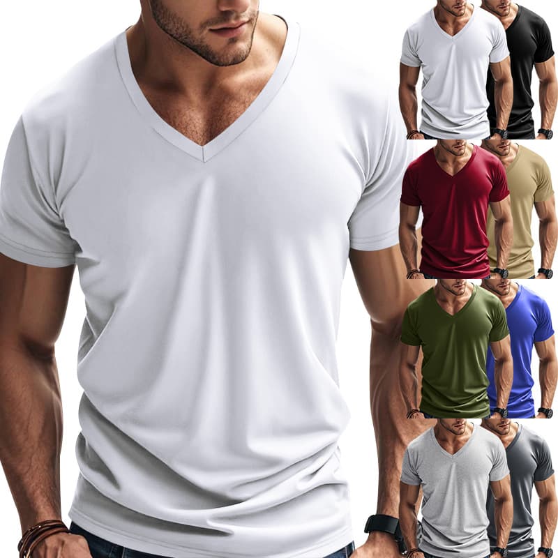 Cross-border Amazon American Style Spring/Summer Men's Fashion V-Neck Quick-Dry Breathable Casual Sports Short Sleeve T-Shirt