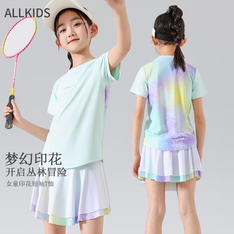 Girls' Short-Sleeve T-Shirt, 2025 New Summer Quick-Dry Stretch Skin-Friendly Sport Casual Print Top, Tennis and Badminton Wear