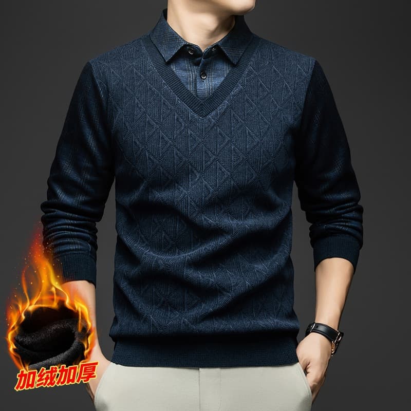 Two-piece style dad's fleece-lined thick sweater, men's winter new business casual warm cold-proof knitted base layer