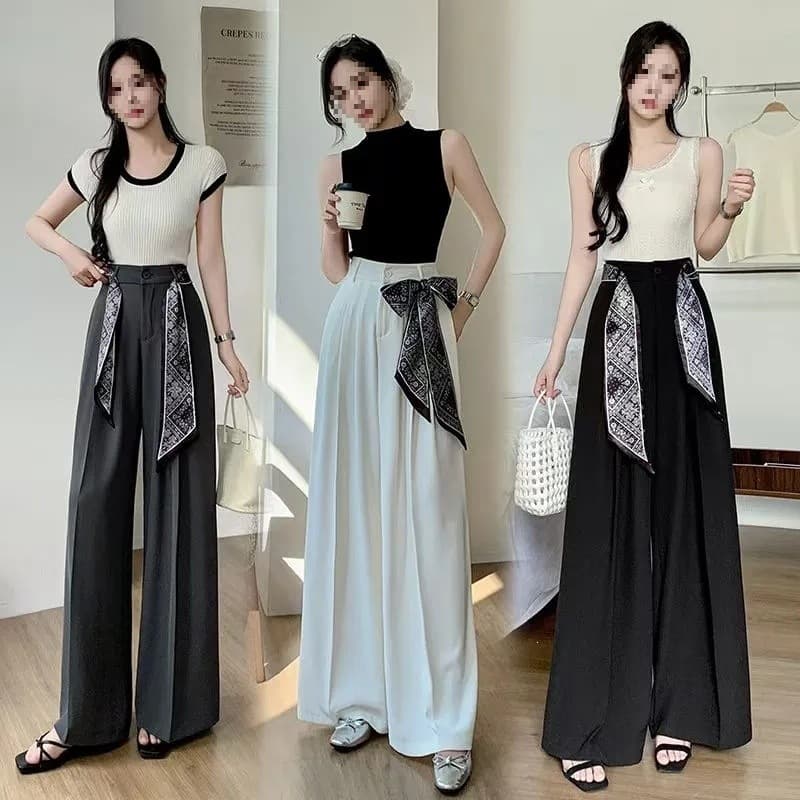 Silk Scarf Wide-Leg Suit Pants for Women 2025 Summer High-Waist Loose Flowy Casual Trousers Fashion Long Pants Floor-Length Pants