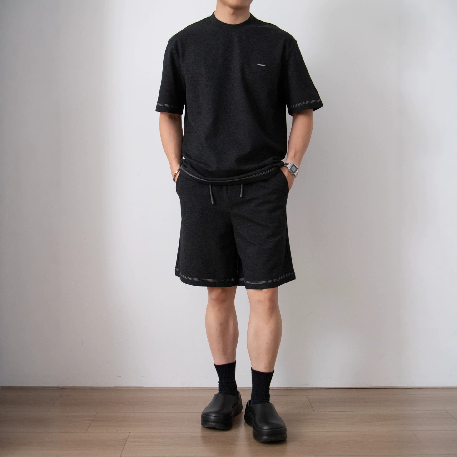 Nengmeng American Vintage Visible Stitch Elastic Drawstring Shorts Men Summer Cool Breathable Lightweight Loose Men's Shorts