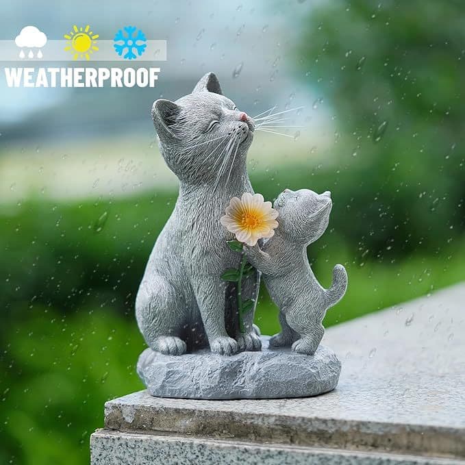 Solar Mother and Baby Cat Sunflower Ornament Outdoor Garden Decoration Light Amazon Cross-border Garden Animal Sculpture Light