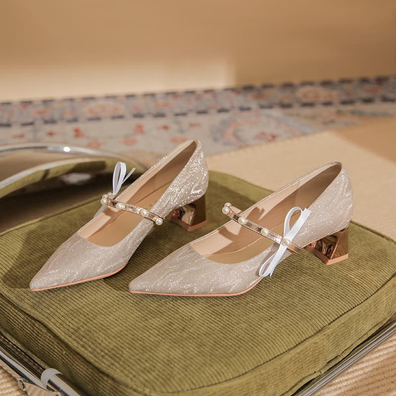 57006【Sheepskin】High Heel Wedding Shoes for Women, Chunky Heel 2026 New Style Crystal Bride Shoes, Two-Way Wear for Xiuhe and Wedding Gown