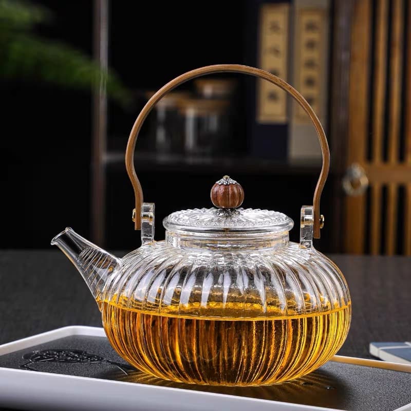Striped glass teapot, floral tea brewing pot with wooden handle, Ruyi pumpkin-shaped lifting beam kettle