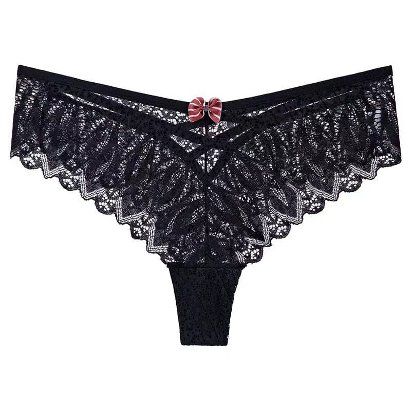 Women's Lace Hollow Cotton Crotch Breathable Thong, Sexy Mid-Waist Bowknot Cross Panties
