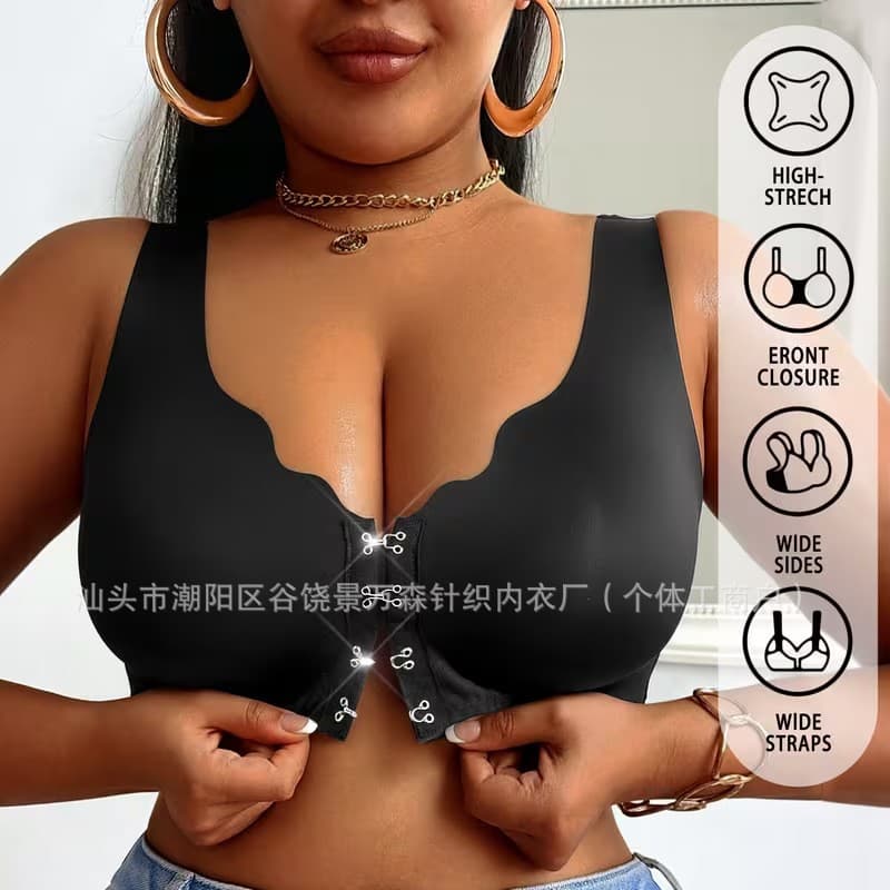 Cross-border Plus Size Summer Thin Solid Simple Versatile Front Closure Wave V-Neck Bra Wire-Free Bra In Stock