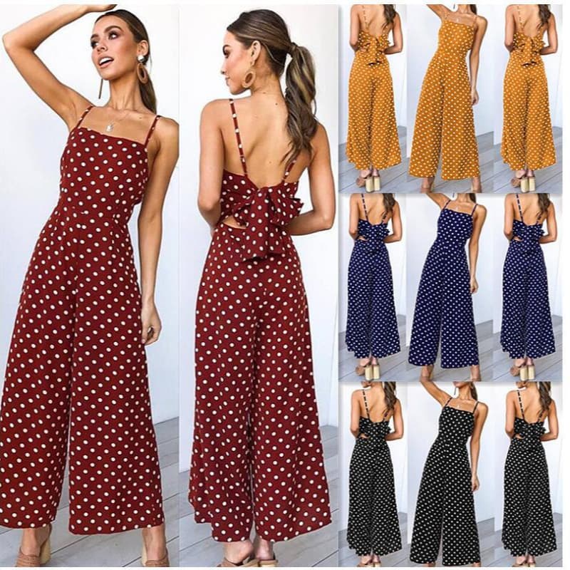 New Cross-Border Trendy Polka Dot Tie-Front Jumpsuit Wide-Leg Pants Printed Dress Sexy Backless Amazon In Stock