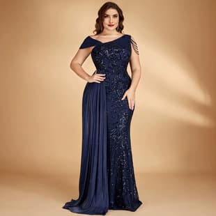European and American sequin plus-size evening dress for party formal banquet with fringe sash one-shoulder sleeveless cross-border dress