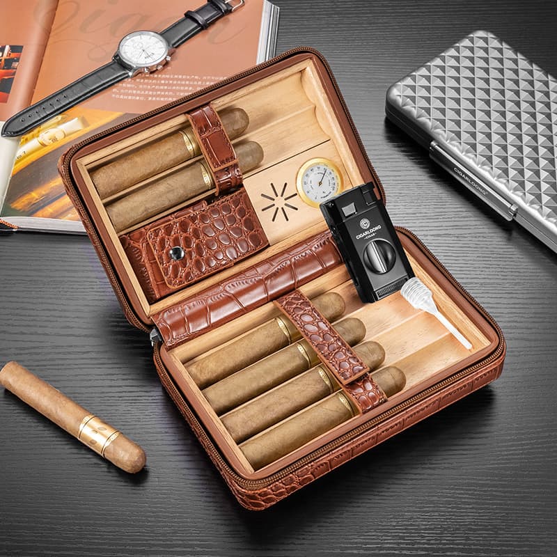 Portable Cigar Humidor with Zipper, Leather Cedar Wood, Holds 6 Cigars
