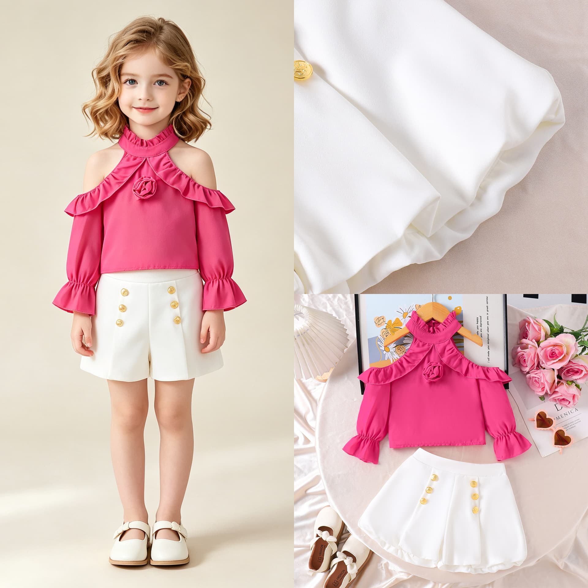 New Hot Selling Rose Red Light Luxury Off-Shoulder Girls Shorts Set Cross-Border E-commerce Wholesale Factory Stock
