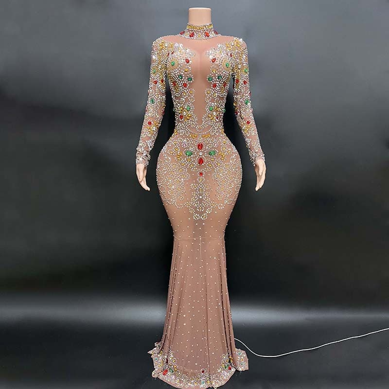 Trendy 2024 New Brown Fishtail Mesh Dress Sparkling Diamond Party Evening Gown Light Brown Universal Fit